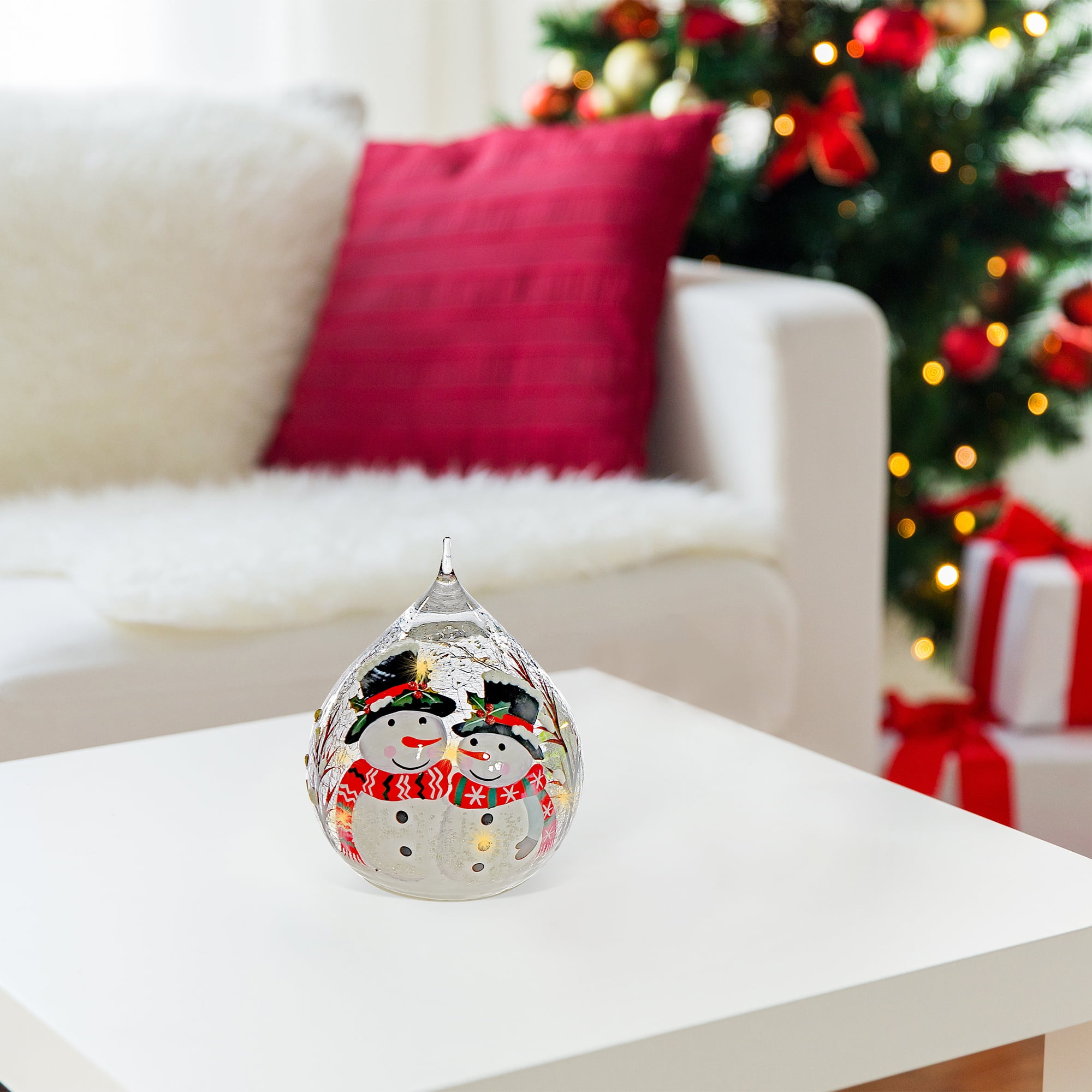 Décoration En Forme De Larme En Verre Craquelé À Led (Double Bonhomme De Neige)