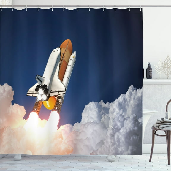 Ambesonne Outer Space Shower Curtain, Rocket Lift Blast, 69"Wx70"L, White Blue Orange