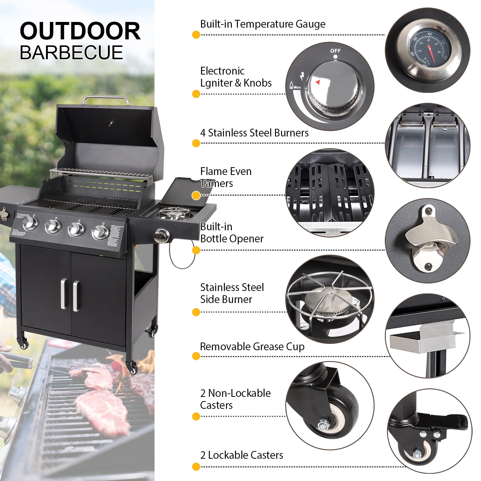 Polar Aurora Propane Gas Grill 4-Burners a Side Burner, Side Table, Steel Grill Cart for Garden Outdoor Cooking Picnic