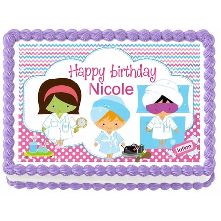 SugarMeLicious Spa Birthday Edible Cake Topper, Personalized Pamper Party Cake Decoration, Custom Name Girls Birthday Dessert Decor, 1/4 Sheet Frosting Sheet
