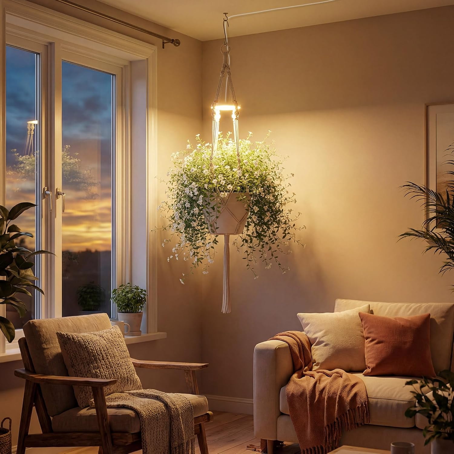 Hanging Grow Light Planter, Full Spectrum LED Plant Light for Indoor Plants, Macrame Hanging Plant Holder with Grow Lamp, Hanging Planter for Indoor Plants with Grow Light for Home Decor, Balcony, Li