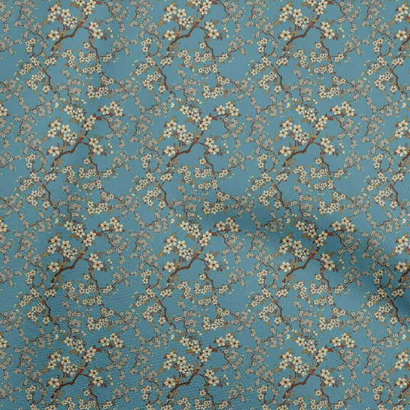 oneOone Cotton Jersey Teal Blue Fabric Asian Japanese Floral Dress Material Fabric Print Fabric By The Yard 58 Inch Wide