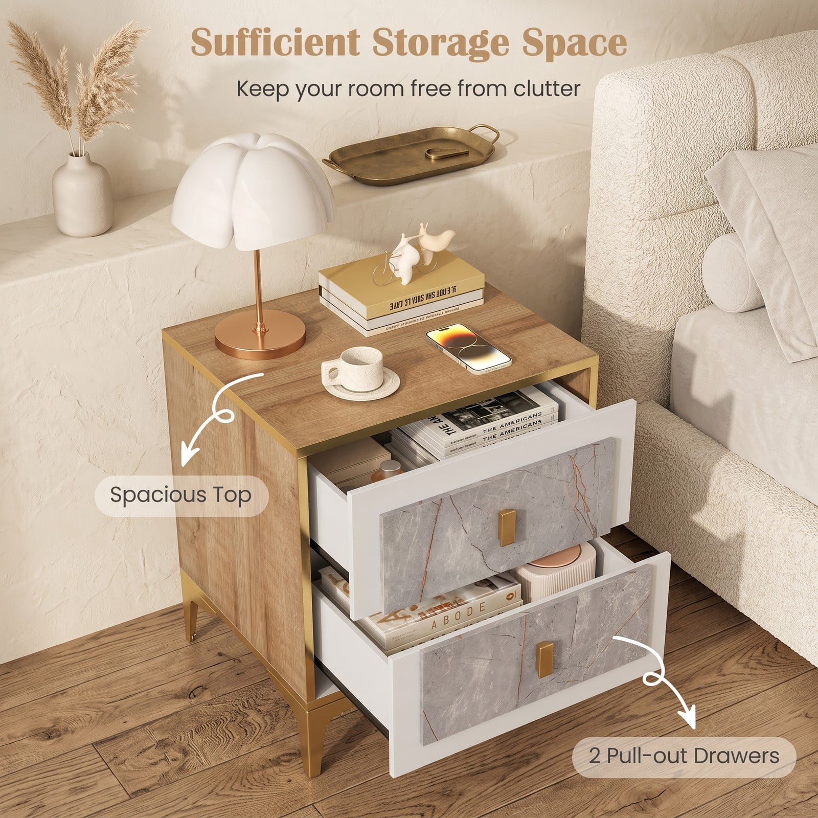 Furnibear Nightstand with 2 Pull-out Drawers and Metal Legs, Modern Bedside Table with Marble-pattern Fronts for Bedroom and Living Room, Natural