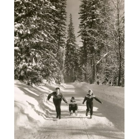 His Sled - A boy being pulled by his mother and his sister on a sled Canvas Art - (18 x 24)