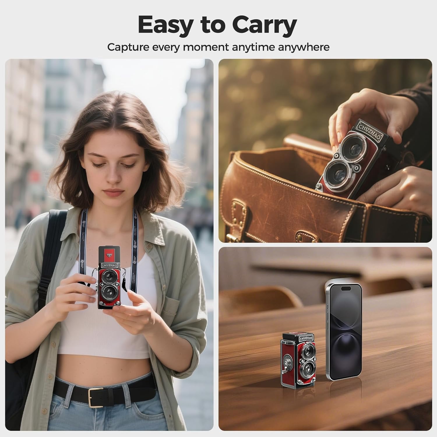 CHUZHAO Vintage Mini Digital Camera, Portable TLR Style Retro Point and Shoot Compact Small Pocket 1080P FHD Video 12MP Autofocus Vlogging Camera with 16 GB Card for Beginners Teens Adults Red