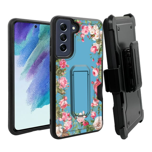 ANJ  Rugged Dual Layer Hybrid Holster Kickstand Case w/ Card Slot   Tempered Glass Cover for Samsung Galaxy S21 FE 5G - Roses Circle (Blue)
