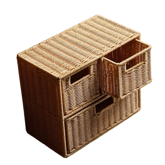YAFABROO 3-Drawer Wicker Storage Organizer, Small Plastic Woven Cabinet with Pull-Out Drawers for Desks