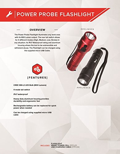 Power Probe Flashlight - Red (PPFL101CS) [Diagnostic Car Test Tool, 800 Lumens LED Bulb, 4 Mode Tail Switch, Waterproof, Heavy Duty Aluminum Housing]