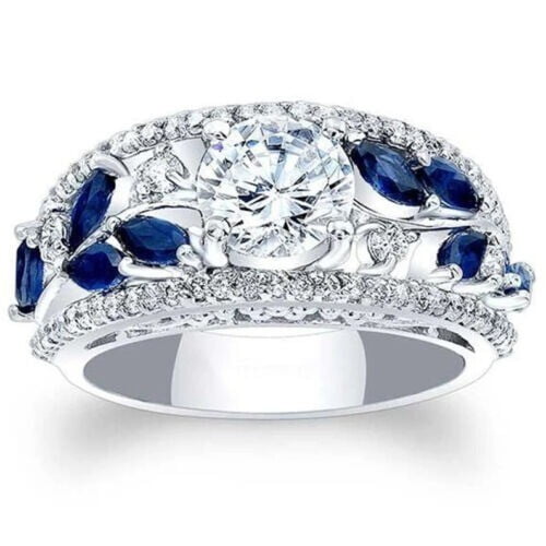 Floral Cluster Diamond Wedding Band, Half Eternity Diamond Ring, Marquise Cut Sapphire Ring, 14K White Gold Plated, 2.3 Ct Simulated Diamond, Partywear Diamond Ring For Her