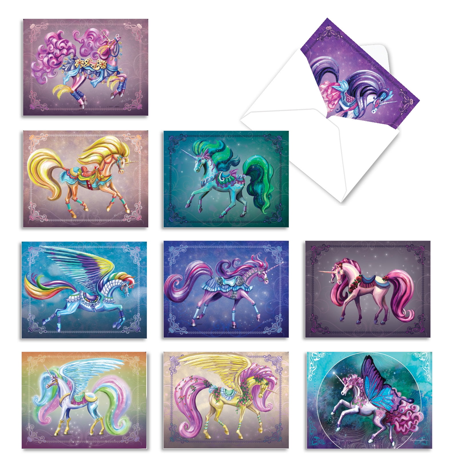 10 Assorted Invitation Note Cards with Envelopes (4 x 5.12 Inch) - Unique Unicorns Invites