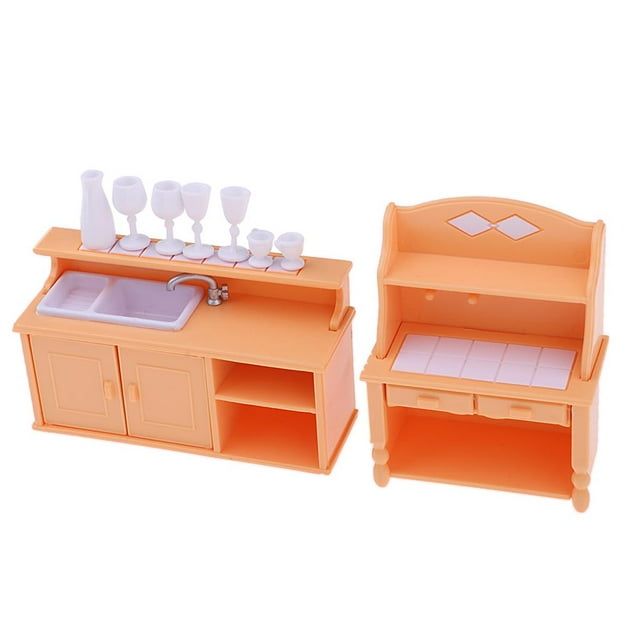 Juego de muebles de cocina de plástico para casa de muñecas perfecl fregadero pequeña naranja