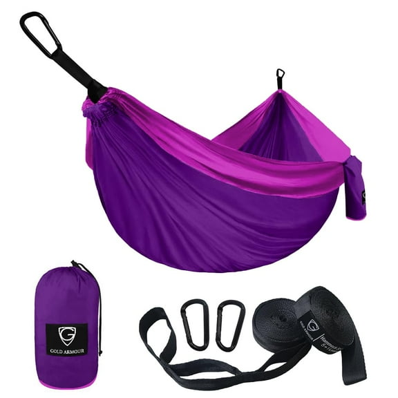Gold Armour Single Camping Hammock with Carabiners, Tree Straps and Attachment Loops, Purple