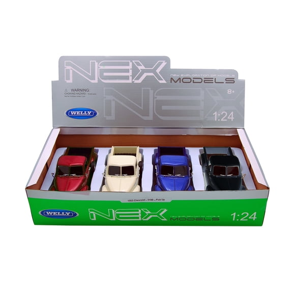 Box of 4 1953 Chevy 3100 Pickup Truck, ASSTD - Welly 22087/4d - 1/24 Scale Diecast Model Cars