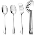 thumbnail image 1 of 4 Pieces Stainless Steel Metal Serving Utensils Set with Spoons, Slotted Spoons, Serving Forks, Fork Tongs for Party Buffet Dinner Banquet Cooking Kitchen Basics Mirror Finish Flatware, 1 of 7