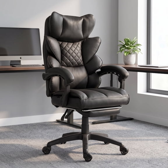 Ultifit Big and Tall Office Chair, High Back PU Leather Desk Chair with Lumbar Support, Executive Chair with Footrest, Home Office chair with Linked Armrest, Black