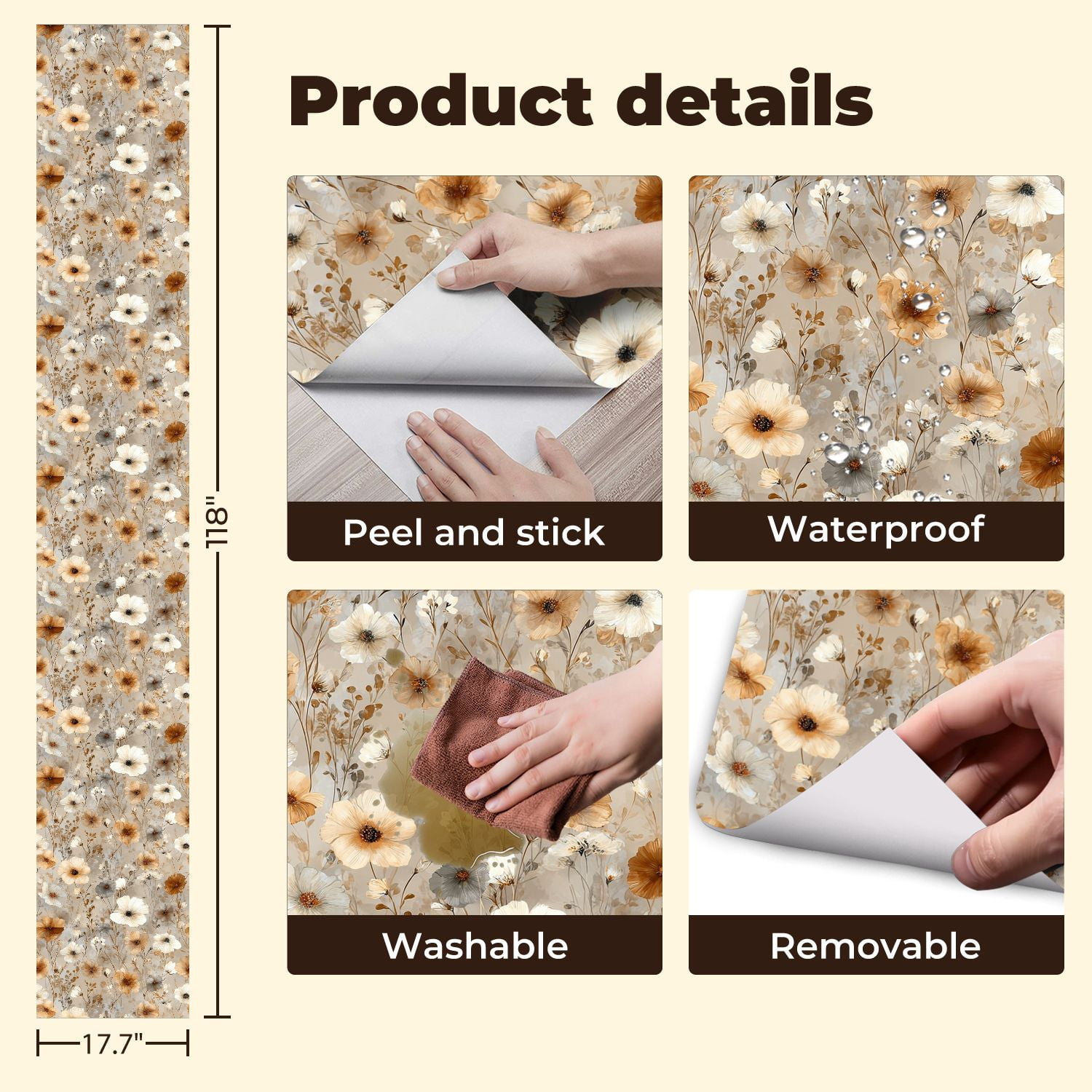 Peel and Stick Wallpaper Soft Floral Beige White Gray Flowers Light Wall Mural 17.7in x 9.8ft Self Adhesive Removable Wall Paper Renter Friendly Wallpaper for Nursery Bedroom Cabinets