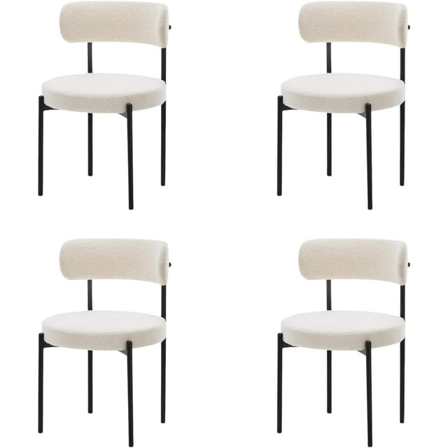 LivinVeluris Mid-Century Dining Chairs Set of 4, Modern Boucle Upholstered Kitchen Chairs with Black Metal Legs (Cream White)