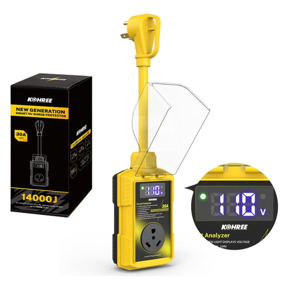 Kohree RV Surge Protector 30 Amp 14000 Joules with High/Low Voltage Protection with LED Display Waterproof Auto Shut Off for Camper Travel Trailers, Yellow