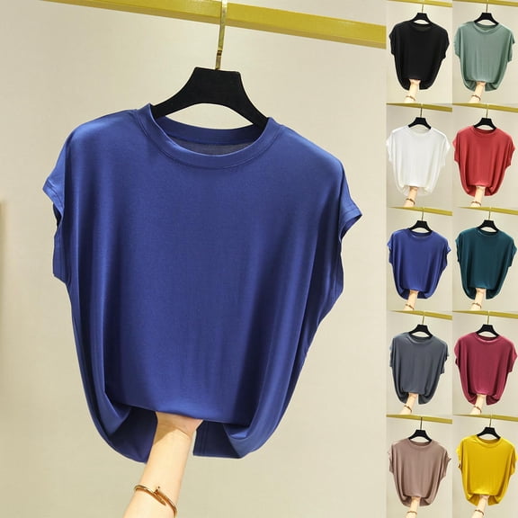 TAGOLD Summer Casual Tops,Plus Size T-shirt Blouse for Womens, Women's Solid Color Sleeveless Round Neck Pullover Fashionable Tank,Round-Neck Tank Top