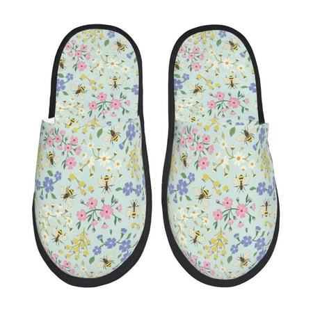 Balery Honey Bees And Flowers Slient Indoor Furry Fleece Comfort House Shoes Soft Non-Slip Home Shoes Cotton slippers House Slippers-- Large