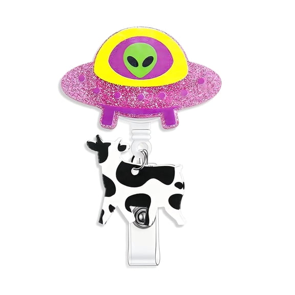 Ufo Badge Reel Under $5! Yannianjz UFO Cow Abduction Badge Reel, Alien Spaceship Badge Holder for Work ID, Novelty Badge Reel for Nurses Teachers, Glitter Back Badge Reel