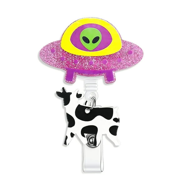 Portacredencial Retráctil Con Forma De Vaca Abducida Por OVNI, Original Portaidentificación Con Temática Alienígena, Divertido Accesorio Para Eventos, Clip Seguro Con Detalle Brillante