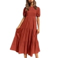 thumbnail image 3 of Coduop Women's Summer A-line Midi Dress Short Puff Sleeves Wrap Chest Ruffled Flowy Pleated Dress, 3 of 6