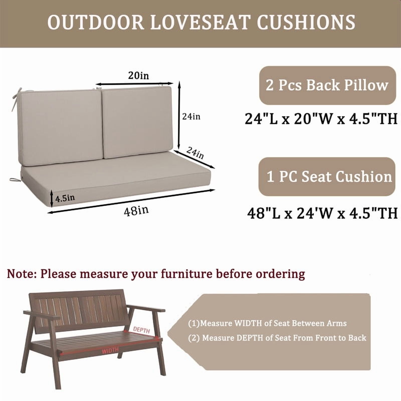Outdoor Loveseat Cushion Set, Waterproof & Fade-Resistant Replacement Patio Cushions, 48 x 24 inch Outdoor Sofa Cushions for patio furniture, Deep Seat Cushions with Ties（Beige）