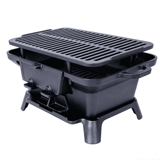ENTU Oval Cast Iron Outdoor Portable Charcoal Grill Tabletop Cast Iron Skillet Grill Small Hibachi Grill for Camping Picnic Tailgating
