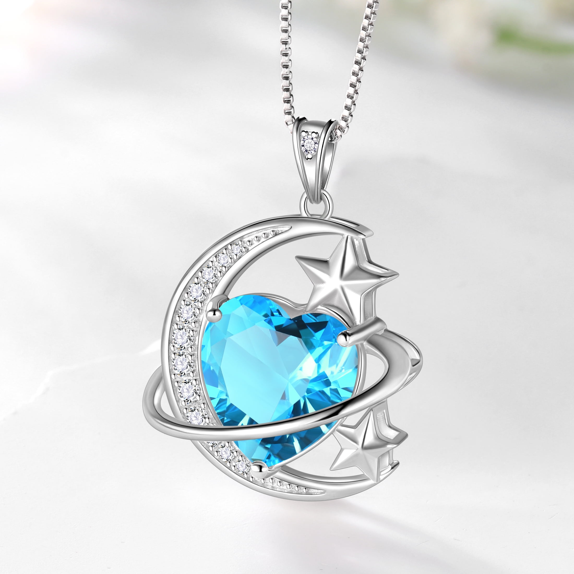 Juwaliy 13MM Women Moon Star Necklace Heart March Birthstone 925 Sterling Silver Pendant Blue Aquamarine Planet Celestial Jewelry Birthday Christmas Valentines Gift for Wife/Mother