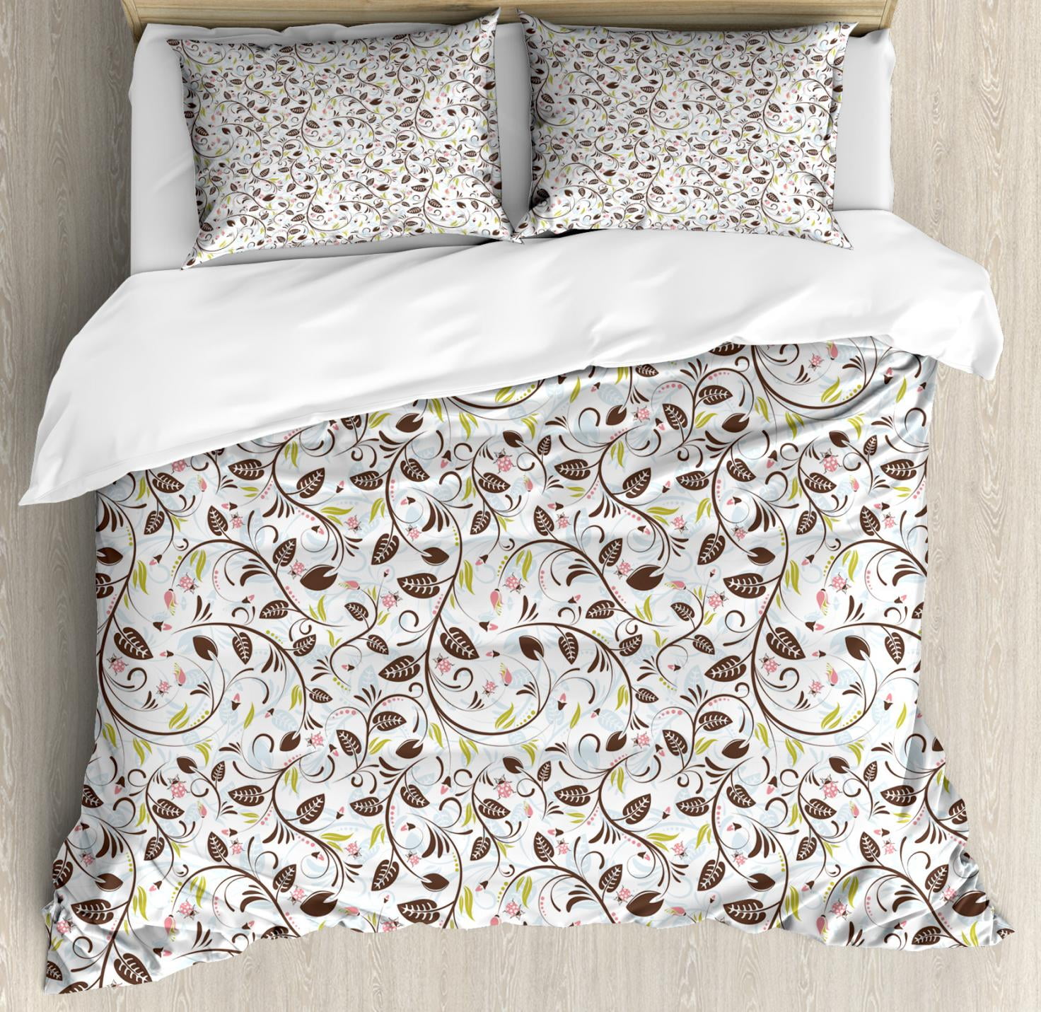 Floral Duvet Cover Set Queen Size, Artistic Pattern with Delicate Curvy