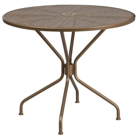 Flash Furniture Oia Commercial Grade 35.25" Round Gold Indoor-Outdoor Steel Patio Table with Umbrella Hole CA3