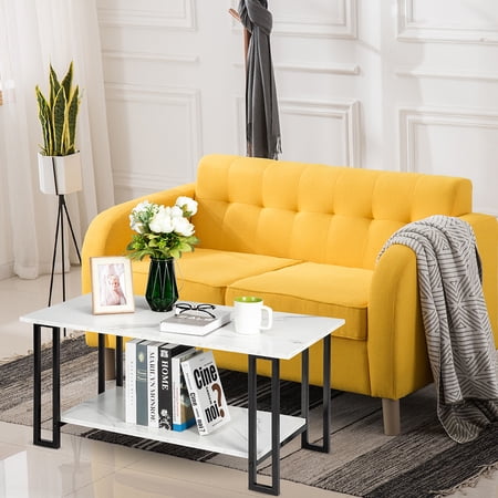 Coffee Table, 39" Thick Marble MDF Rectangle Tabletop for Living Room, Central Table with Storage Shelf, Wooden Tabletop and Metal Frame Living Room Table, Cocktail Table Tea Table, White