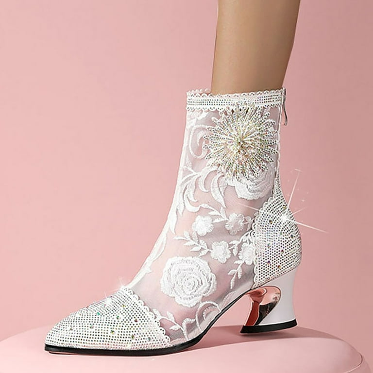 CBGELRT Ankle Boots for Women Lace Rhinestone Embroidered Mesh Short Boots Sandals Pointed Toe High Heel Booties Shoes 39 White