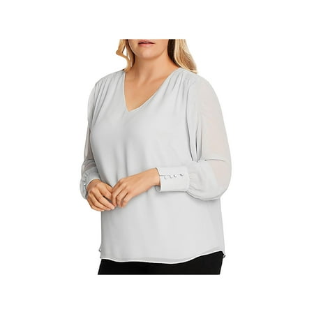 Vince Camuto Specialty Smocked Chiffon Blouse, Silverstone, 3X (US 22W-24W)