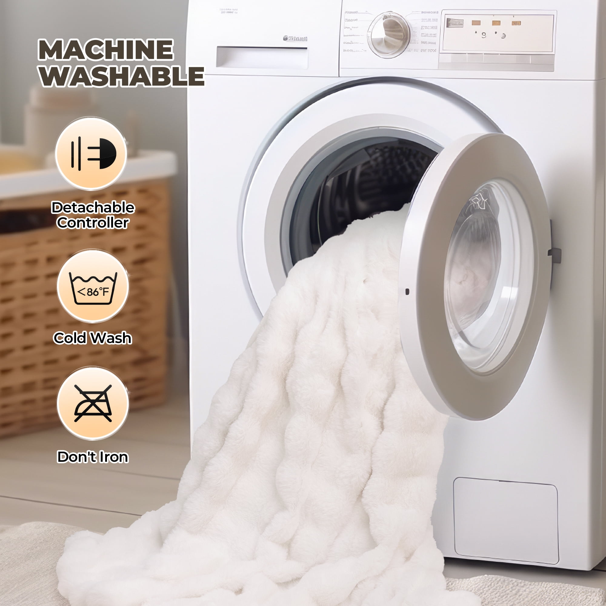 MARNUR Electric Throw Blanket 50"x60", Faux Fur Heated Throw, 6 Heating Levels, 4 Hours Timer - White