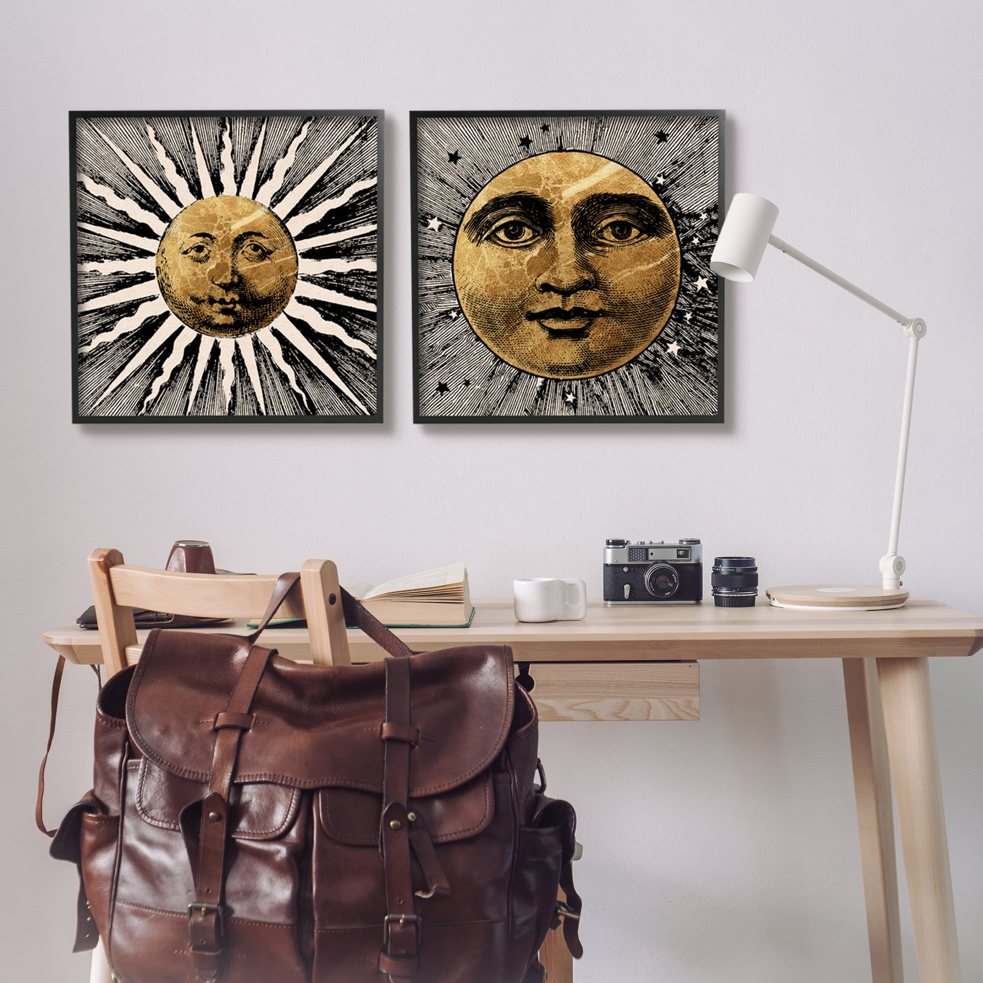 Stupell Industries Boho Sun & Moon Landscape Painting Black Framed Art Print Wall Art, 24 x 24