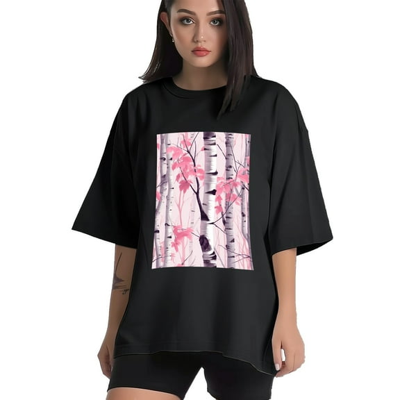 Plus Size Shirt for Women Black Tops for Women Short Sleeves Shirt for Women Pink Birch Trees T Shirt Crewneck Shirt for Women XS