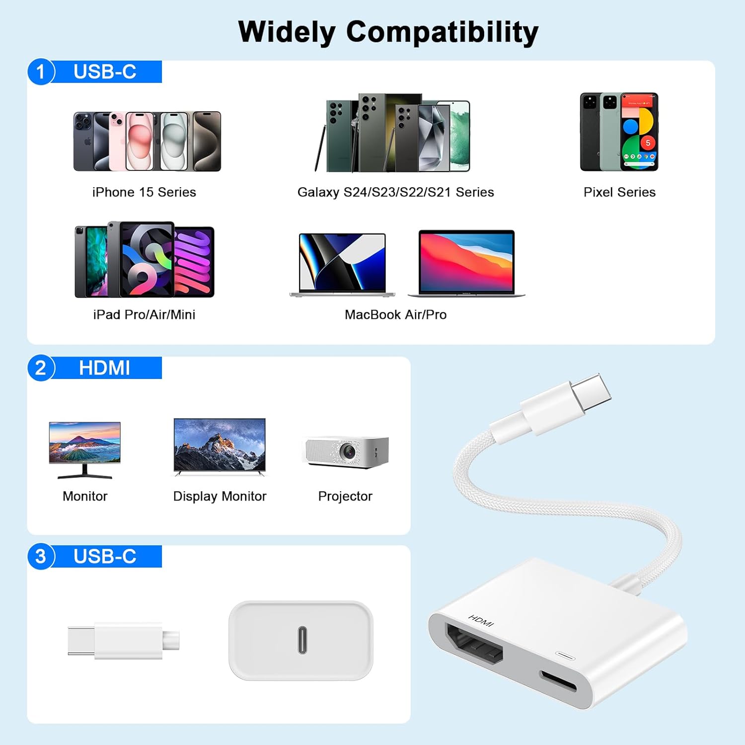 USB C to HDMI Adapter for iPhone 15 to TV Compatible with iPhone 15/15 Plus/15 Pro/15 Pro Max, Galaxy S24/S23/S22/S21 Series, iPad Pro/Air/Mini