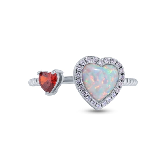 Rhodium Plated 925 Sterling Silver Hearts Simulated Opal Red Ring CZ Jewelry Female Size 9
