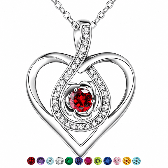 Dainty 925 Sterling Silver January Birthstone Necklace for Women, Rose Flower Heart Pendant Jewelry, Birthday Valentines Gifts for Mom/Wife/Girlfriend