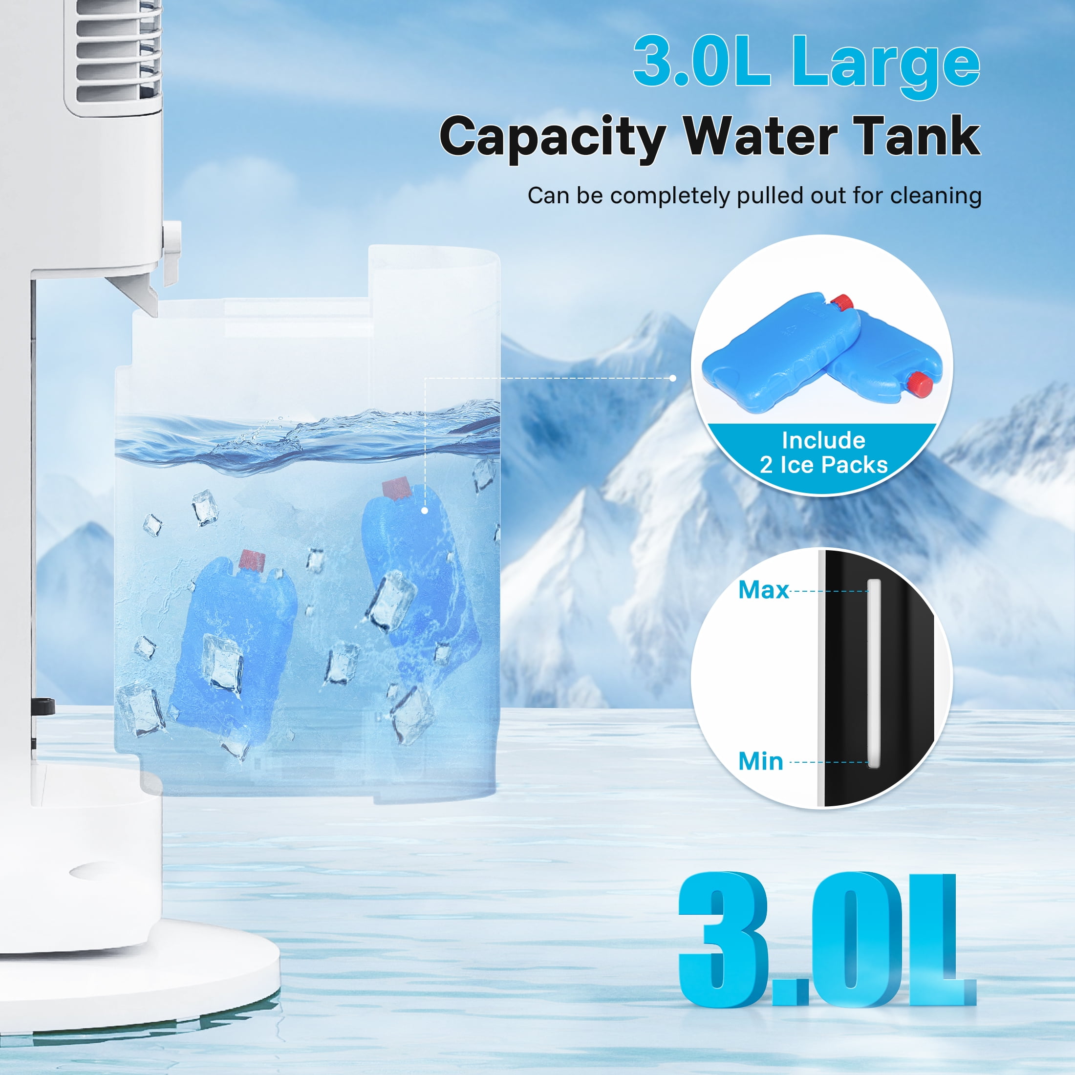 Flamemore Evaporative Air Cooler Portable Air Conditioners, 3-in-1 Oscillating Tower Cooler Fan & Humidify, White&Black
