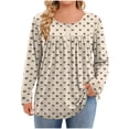 thumbnail image 2 of Women's Long Sleeve Tunic Tops Plus Size Pleated Crewneck Blouses Casual Loose Fitting Cute Printed Shirts Khaki XXL, 2 of 6