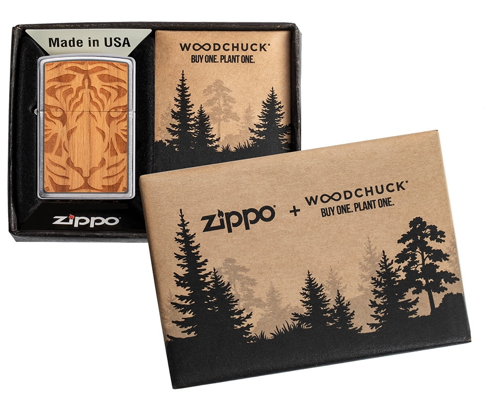 Zippo Woodchuck USA Cherry Tiger Head Brushed Chrome Pocket Lighter