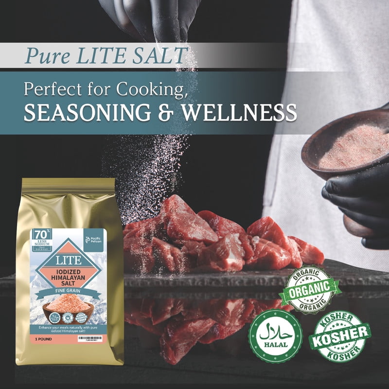 Pacific Pelican Iodized Lite Himalayan Pink Salt | 70% Less Sodium | Fine Grain, Unrefined, Pure Rock Salt, 100% Natural & Organic for Cooking, Seasoning & Wellness - Pack of 2