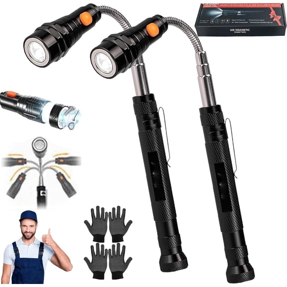 Telescoping Magnetic Pickup Tools Flashlight, Led Magnetic telescoping Flashlight with Magnet, Neck Bendable Spring Stick(2Pcs)