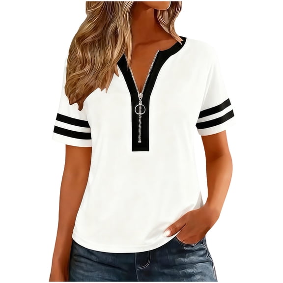 XFLWAM Women's Short Sleeve T Shirts V Neck Zipper Tops Color Block Casual Summer Loose Fit Blouses