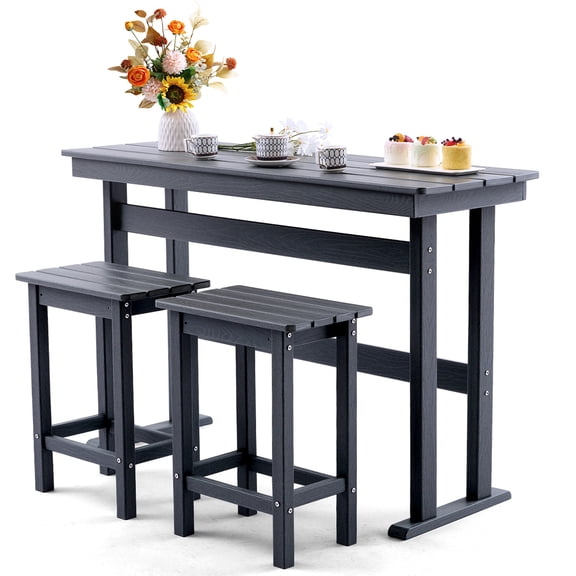 3 Piece HDPE Outdoor Bar Table and Chairs Set of 2 Includes High Top Patio Table and Chairs, Outside Patio Bar Set (Grey, 3 Piece)