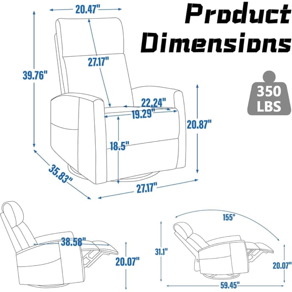 Massage Chair Recliner with Heat, Swivel Rocking Chair Recliner with High Back, Manual Nursery Recliners for Adults, Small Recliner Chair for Small Spaces, Living Room Bedroom, Fabric (Light Grey)