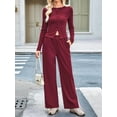 thumbnail image 2 of Women 2 Piece Foldover Yoga Flare Pants Long Sleeve Knit Tops Casual Outfits Matching Tracksuit Set Wine Red S, 2 of 7